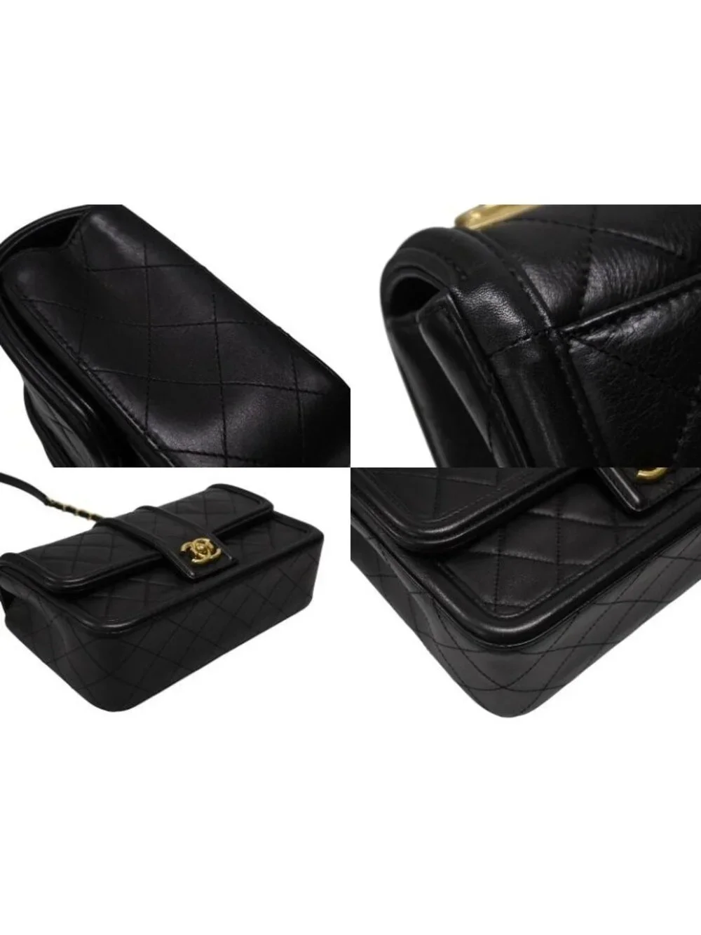 Chanel S Flap Chain Shoulder Bag CC Logo Lambskin Black Gold